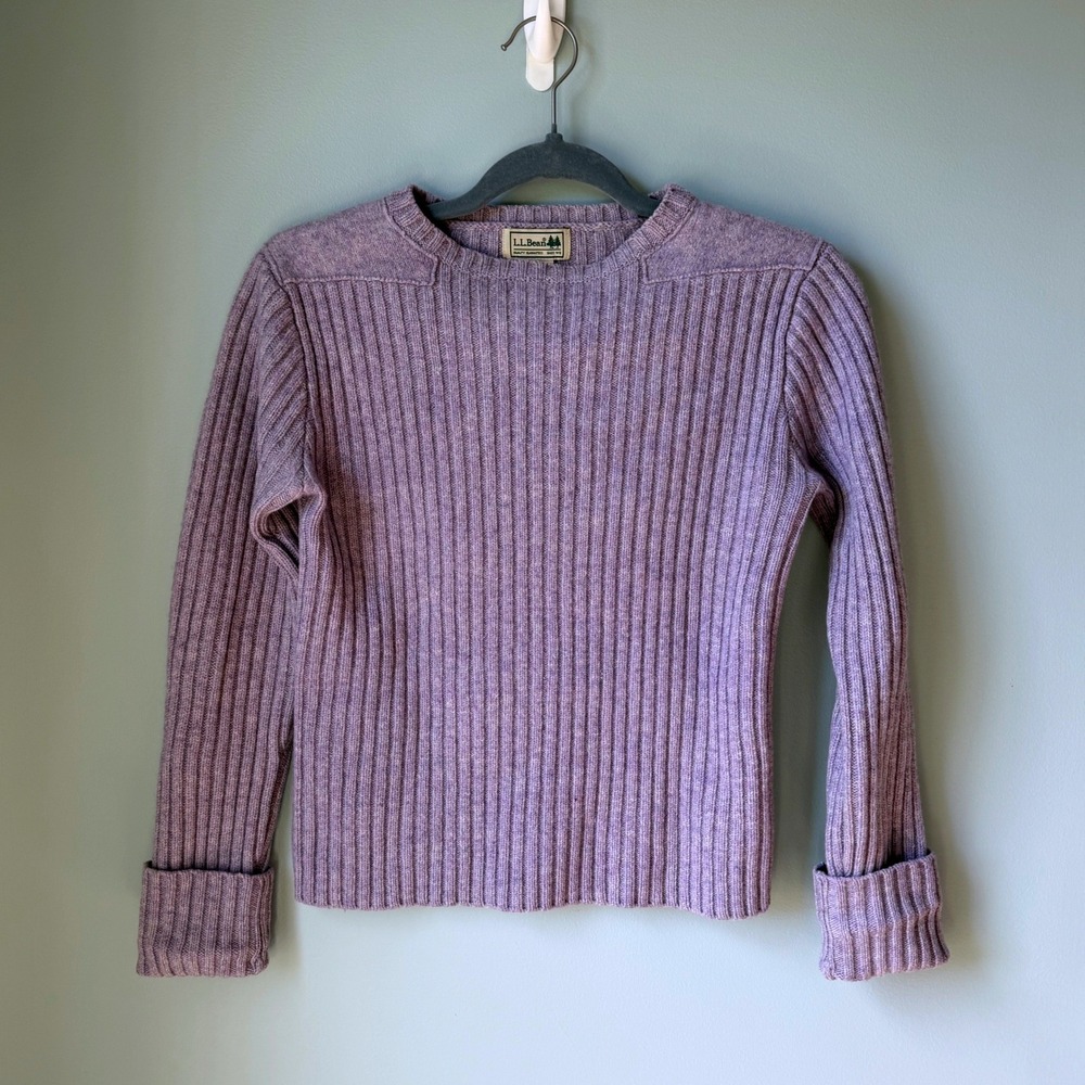 Vintage L.L. Bean Sweater 100% Merino Lambswool Ribbed Crewneck Purple Small